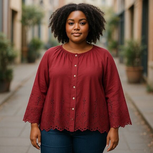 Women’s Plus Size Linen & Cotton Eyelet Blouse Burgundy Summer Vacation 2X - Picture 1 of 6